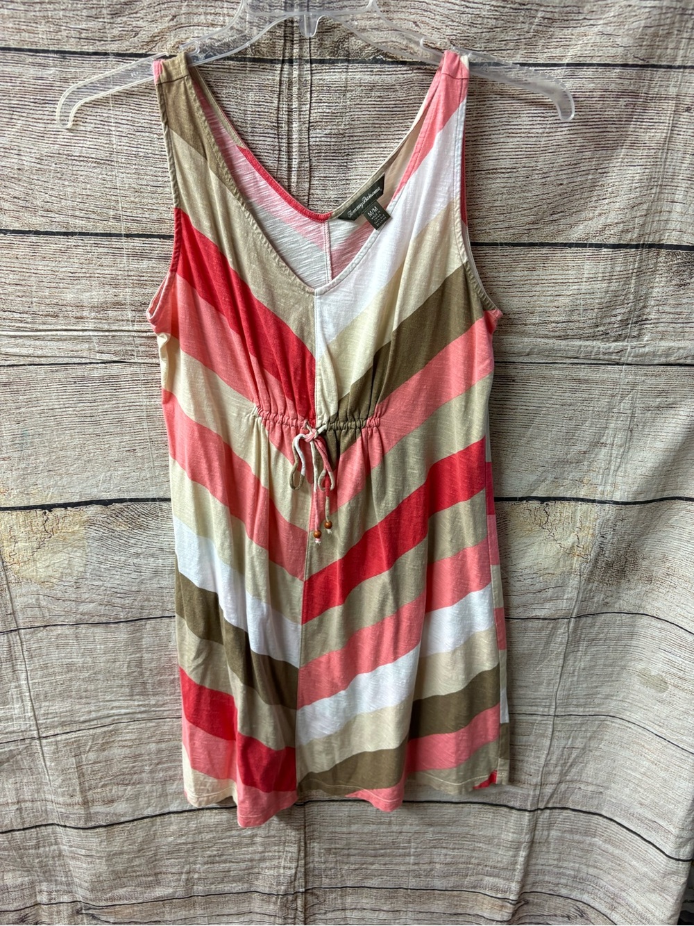 😍 Tommy Bahama Striped V‑Neck Drawstring Dress -Coral, Tan & White.